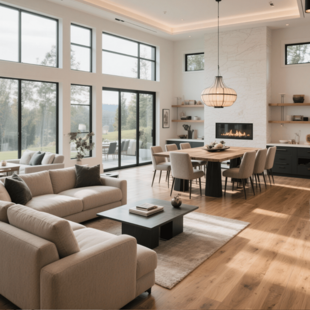 Open-concept modern prefab home interior in Haliburton with spacious living room, dining area, and floor-to-ceiling windows