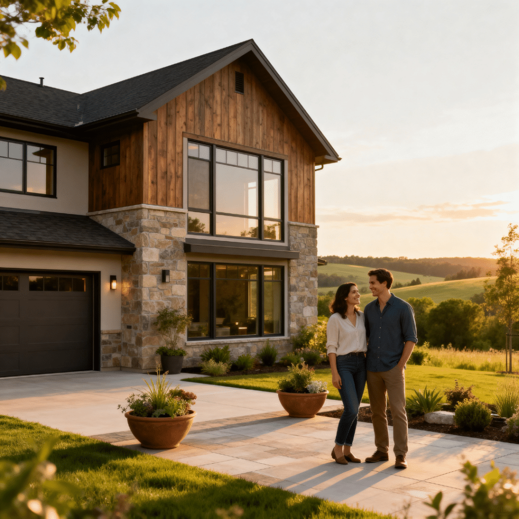 Modern prefab home in Aurora, Ontario with garage and landscaped yard at golden hour, built by My Own Cottage