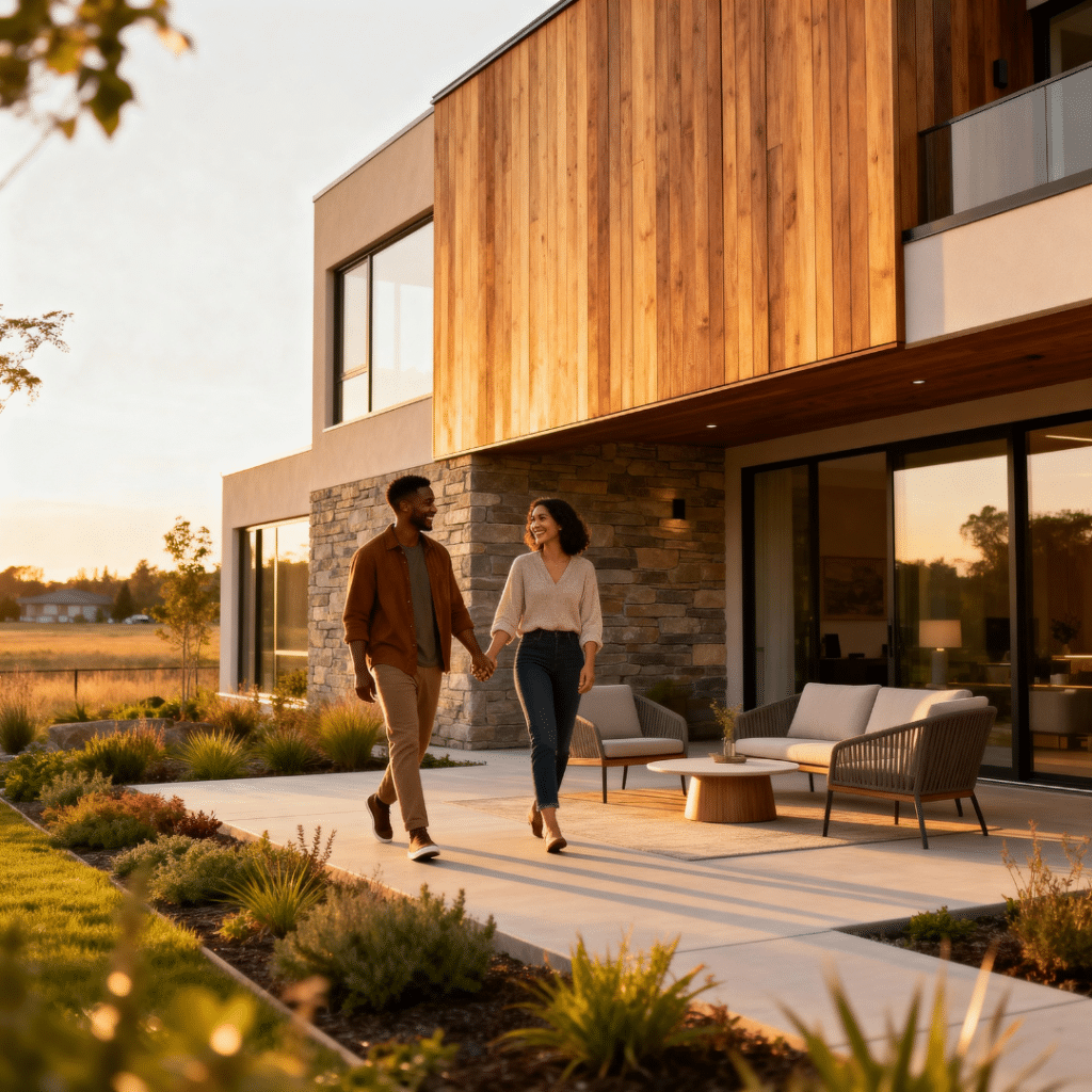 Modern prefab home for sale in Aurora, Ontario at golden hour with couple walking outside, built by My Own Cottage