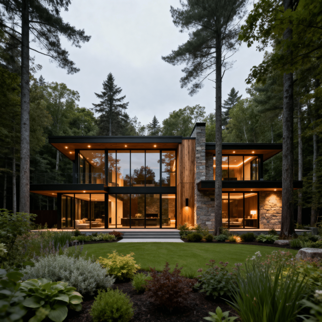 Stylish modern prefab home exterior near Newmarket, Ontario, surrounded by forest with a pristine landscaped garden in front.