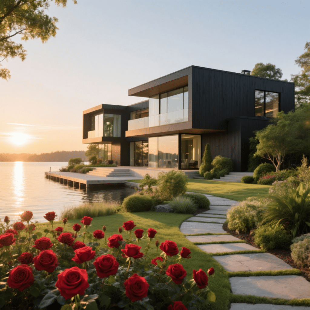 Modern prefab home in Haliburton with large windows and rustic charm, viewed from the back by the waterfront with trees and lake backdrop