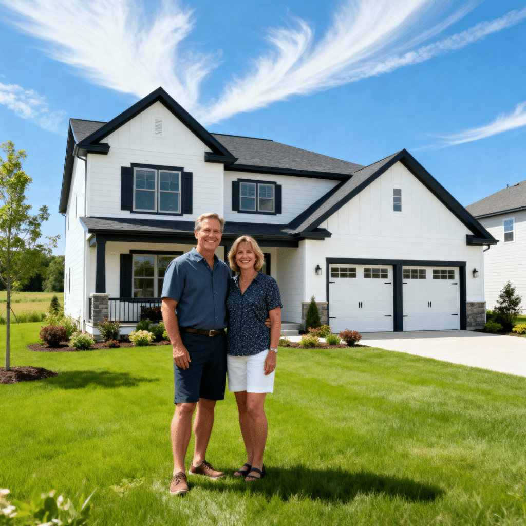 Happy homeowners in front of a modern prefab home with garage in suburban Innisfil, Ontario — an affordable, energy-efficient design built by My Own Cottage showcasing modern living and quality craftsmanship.