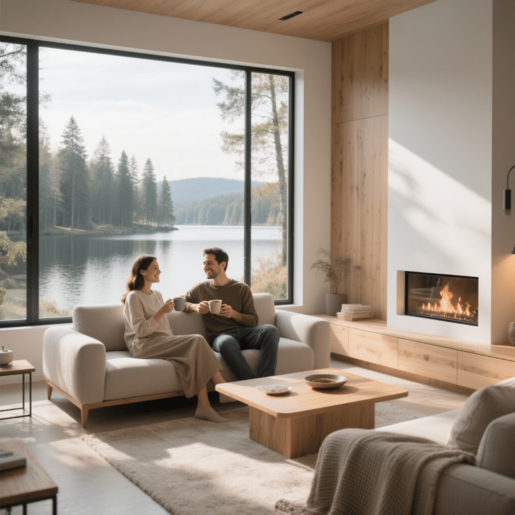 Modern prefab home interior in Midland, Ontario with a couple enjoying coffee near a fireplace and large window overlooking a forested lakeside.