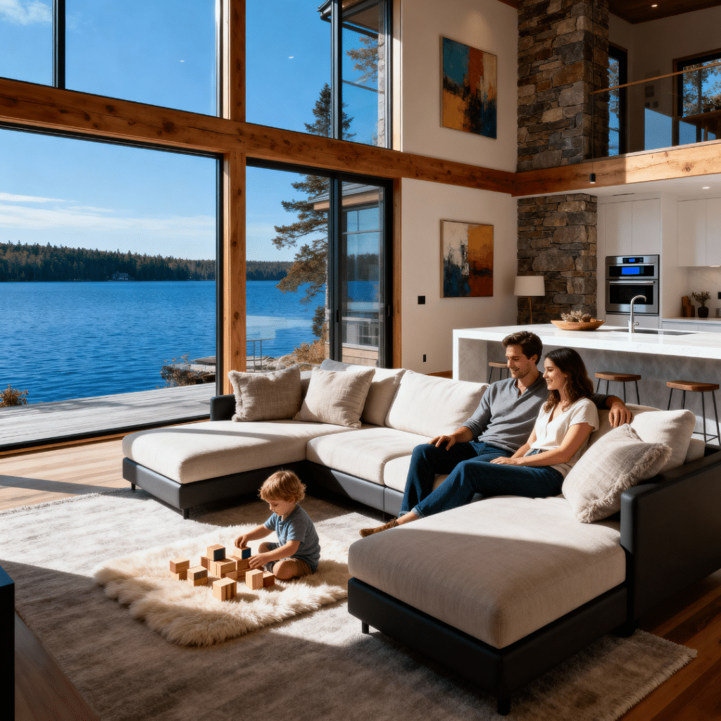 Family enjoying a modern prefab home interior in Muskoka with open-concept design, floor-to-ceiling windows, and lake views.