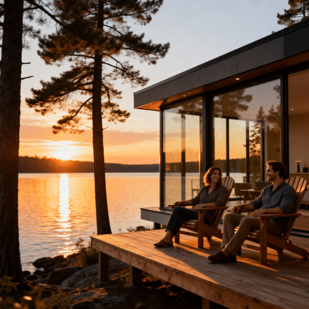 Couple relaxing on the deck of a modern prefab home with large windows overlooking Lake Muskoka at sunset.