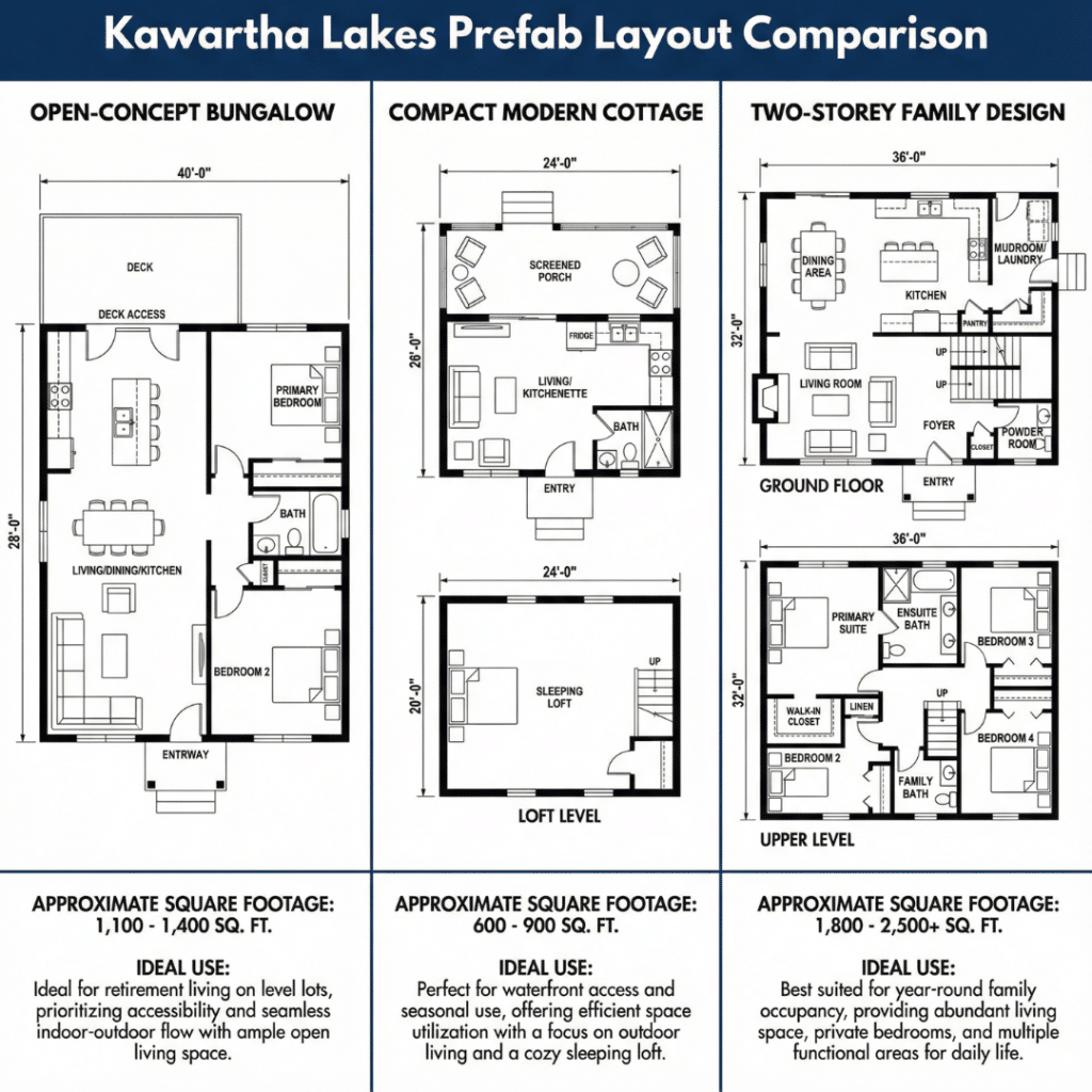 Modern prefab homes in Kawartha Lakes layout grid showing open-concept bungalows, compact cottages, and two-storey family floor plans