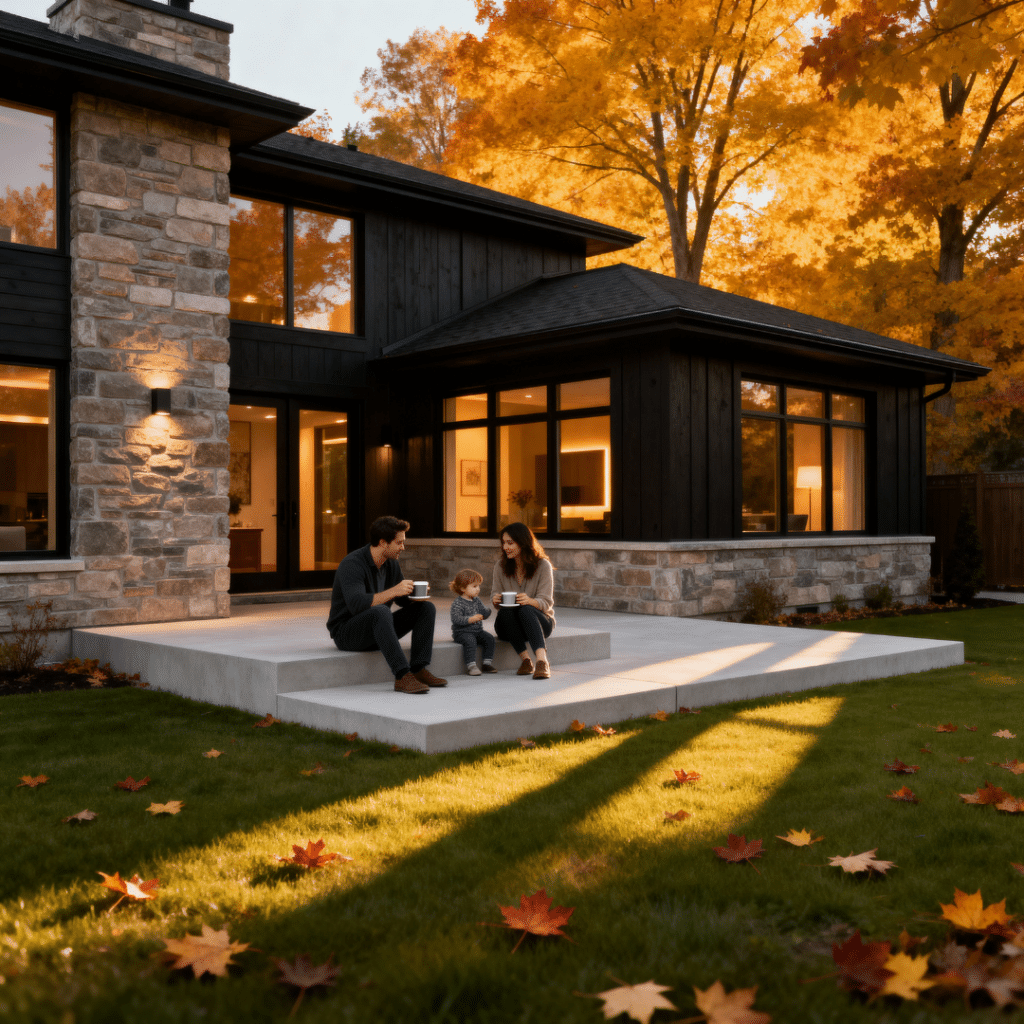 Modern prefab home in Newmarket, Ontario with cedar and steel cladding, autumn trees, warm interior lighting, and a family enjoying the front patio.