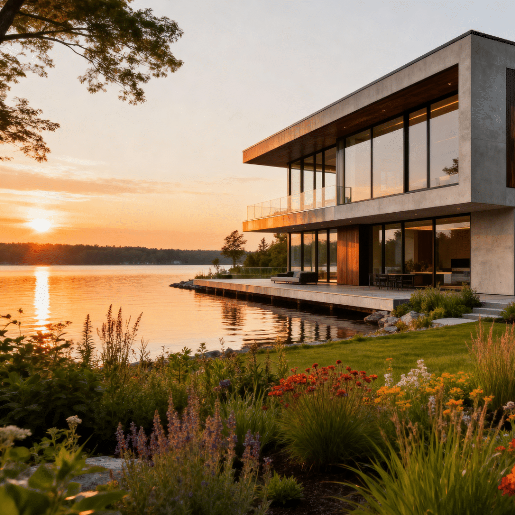 Sleek modern prefab home in Muskoka with minimalist design, Timber Frame construction, and floor-to-ceiling windows overlooking a lakeside setting.