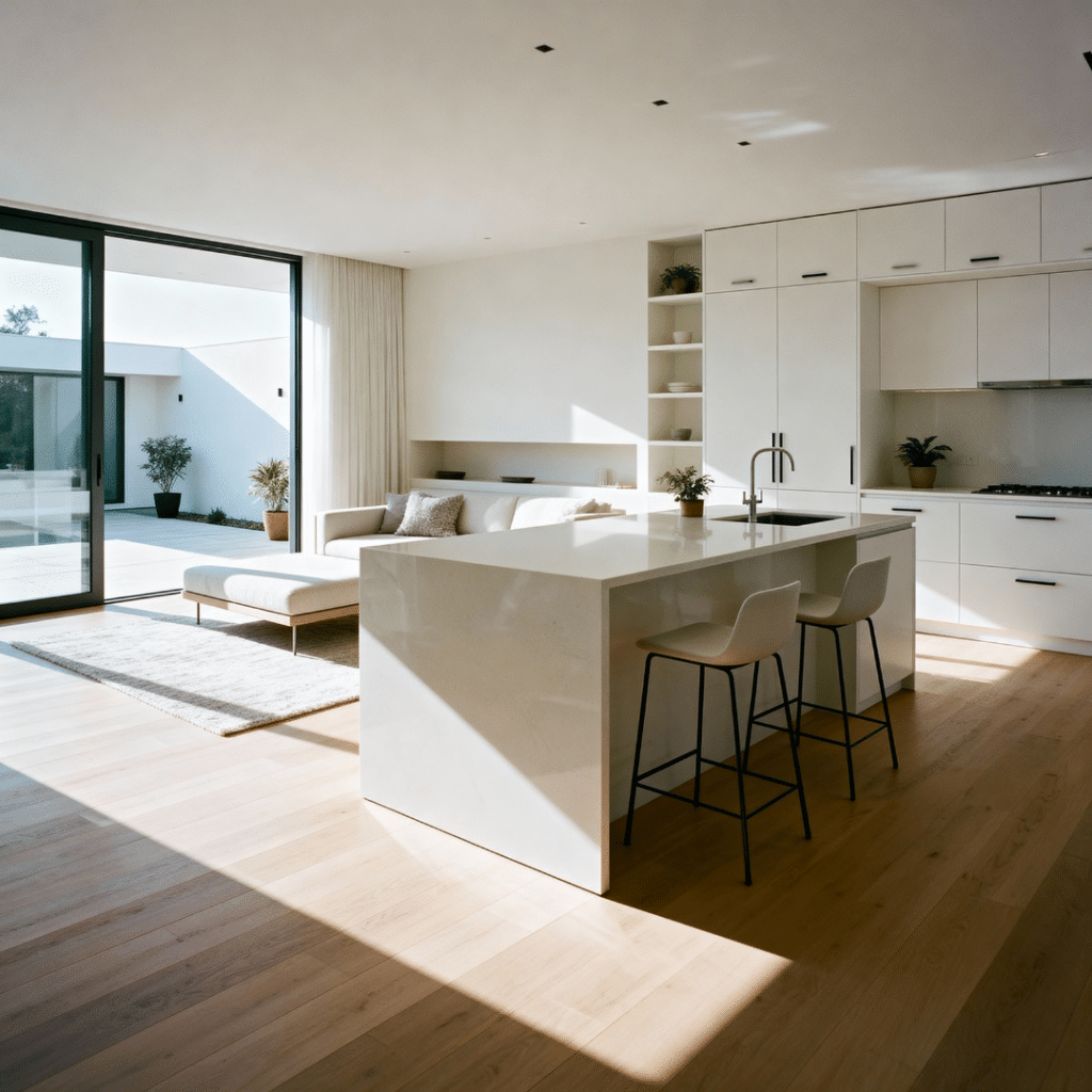 Open-concept interior of a modern prefab home with bright kitchen, living, and dining space featuring minimalist design, modular furniture, and large windows.