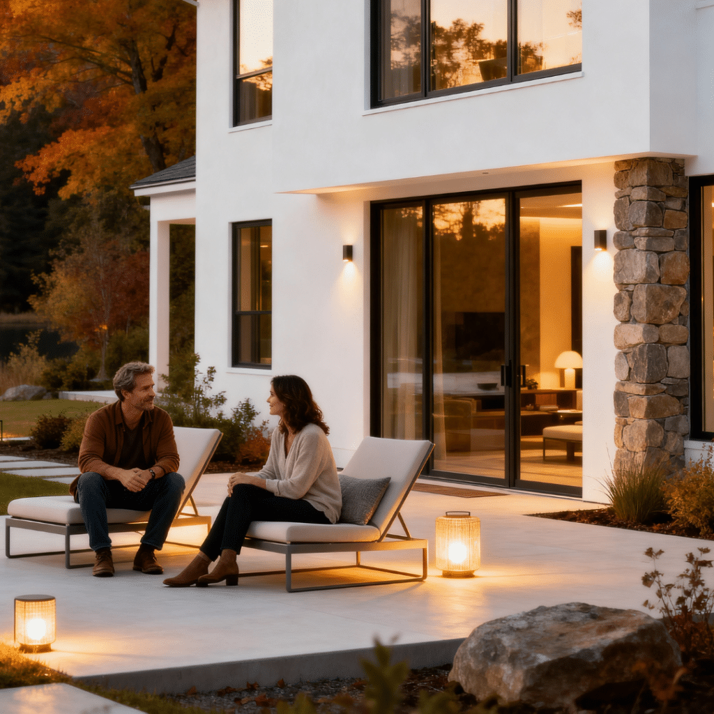 Sleek prefab modular home near Lake Scugog with a stylish couple on the patio, surrounded by autumn trees and modern landscaping.
