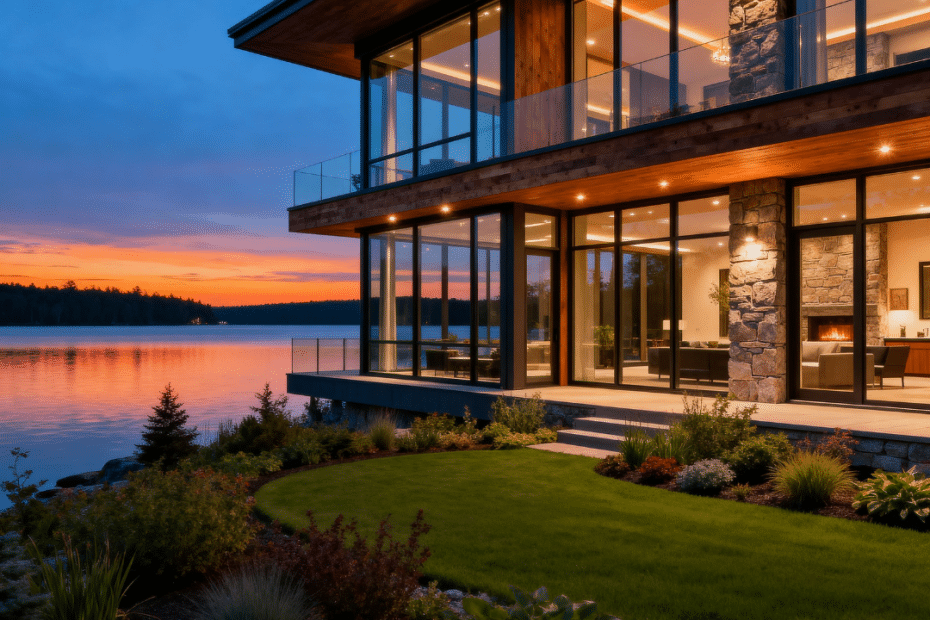 Beautiful modern prefab home exterior on the waterfront in Gravenhurst, Ontario with contemporary design and lakeview setting