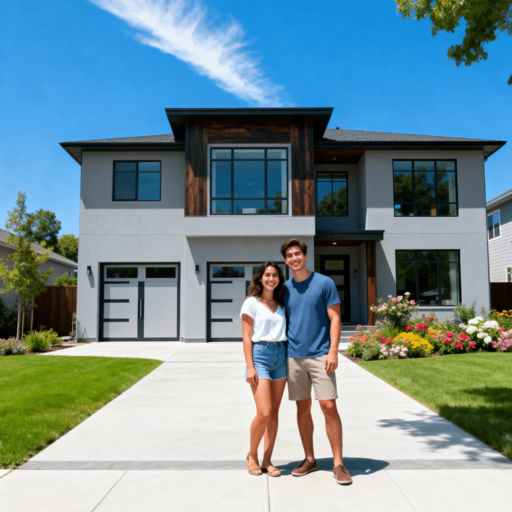 Beautiful modern prefab home with garage by My Own Cottage in Newmarket, Ontario — smiling young couple outside their new luxury home on a sunny summer day with blue skies.