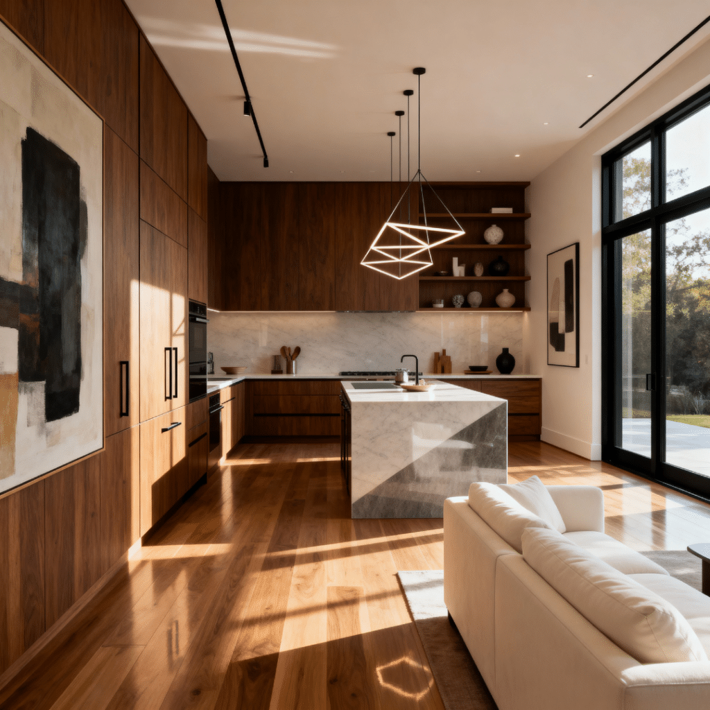 Interior of a modern prefab home with open-concept layout, quartz countertops, and custom wood cabinetry.