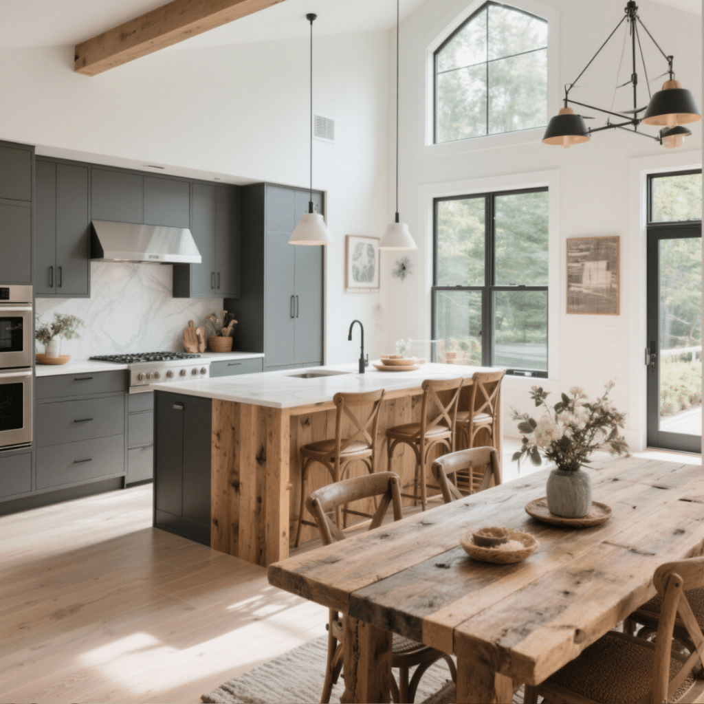 Bright modern prefab home interior in Haliburton with custom kitchen, rustic dining area, large windows, and personalized high-end finishes