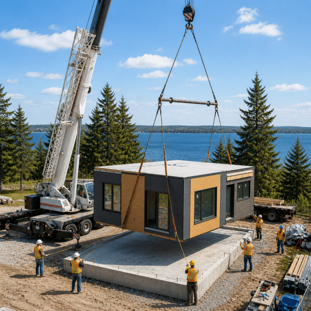 CSA A277 certified modular home crane set in Orillia Ontario showing prefab module installation onto permanent foundation