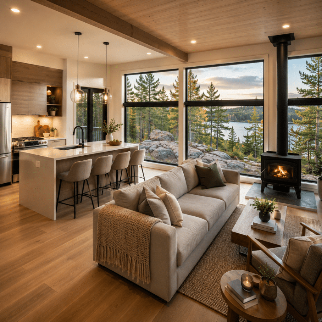 Modular home interior Sudbury Ontario — open-concept living room and kitchen with large windows overlooking Canadian Shield landscape in completed My Own Cottage prefab build