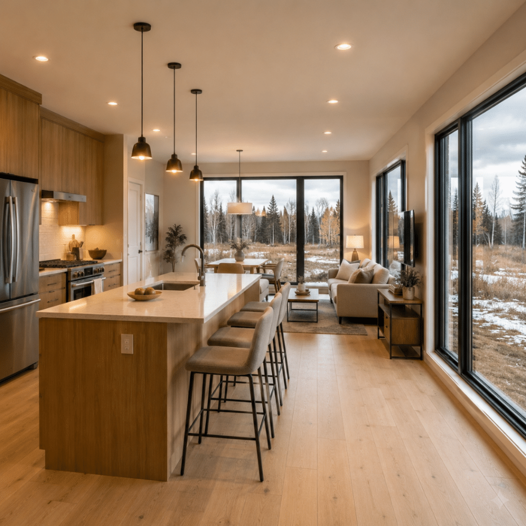 Modular home interior Timmins Ontario — open-concept kitchen and living space with large windows in completed My Own Cottage prefab build