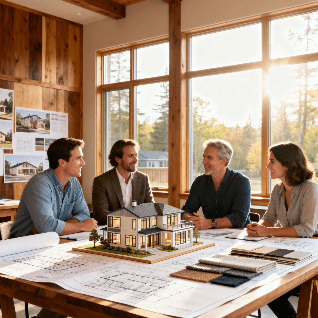 My Own Cottage design team in Orillia, Ontario studio—architects and designers collaborating on prefab home plans and sustainable materials with friendly, professional expertise.