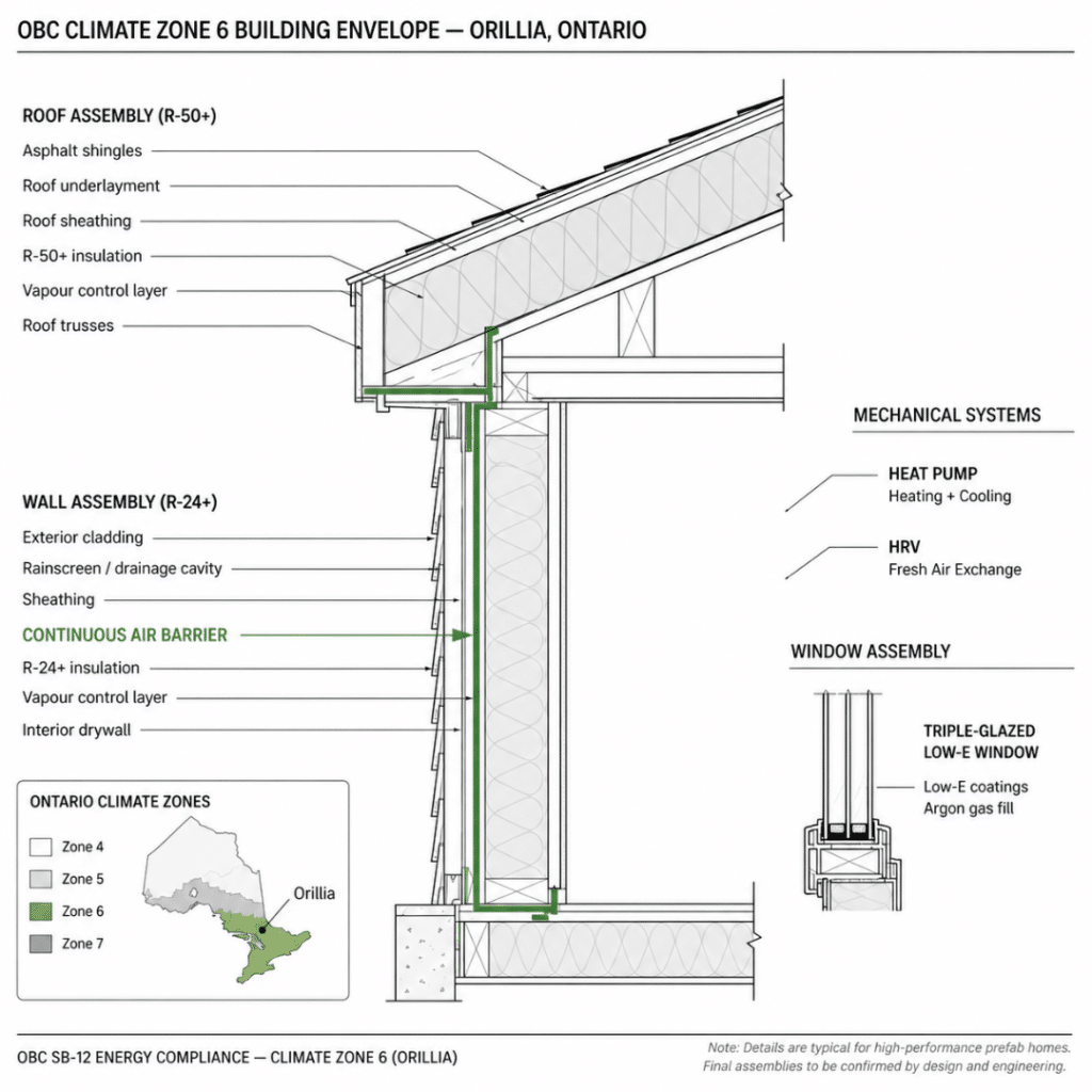 OBC Climate Zone 6 building envelope diagram Orillia Ontario — R-24 wall insulation, R-50 roof insulation, continuous air barrier prefab home construction