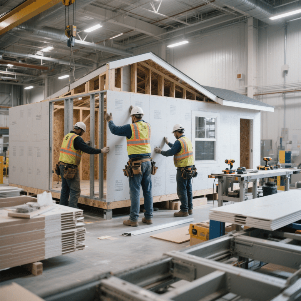 Workers assembling modular wall panels in a controlled Ontario factory environment, showing quality control and modern off-site construction methods.