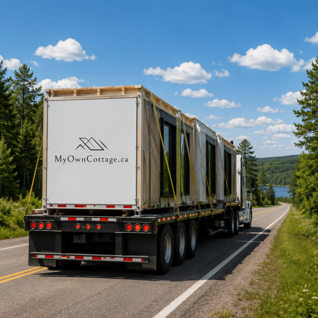 Prefab cottage-home delivery truck transporting factory-built prefab home modules along an Ontario highway toward a customer site during summer.