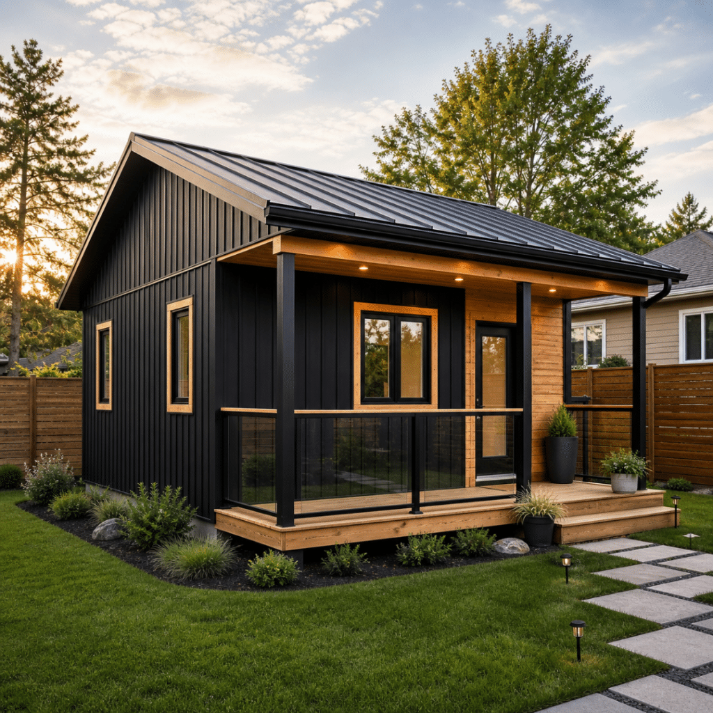 Prefab garden suite Orillia — My Own Cottage Fox Den 505 sq ft ADU modular home installed on residential lot Ontario (Bill 23 compliant accessory dwelling unit)