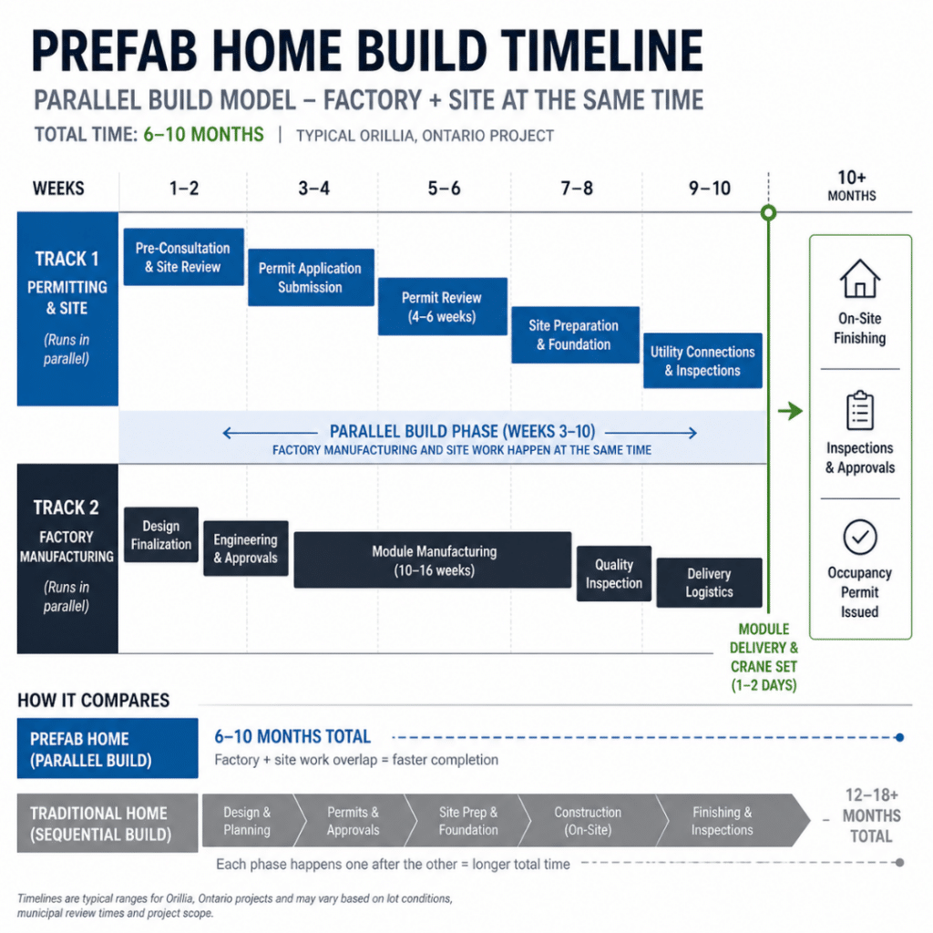 Prefab home build timeline Orillia Ontario — parallel construction model showing factory manufacturing and site work overlap, 6–10 month total project timeline