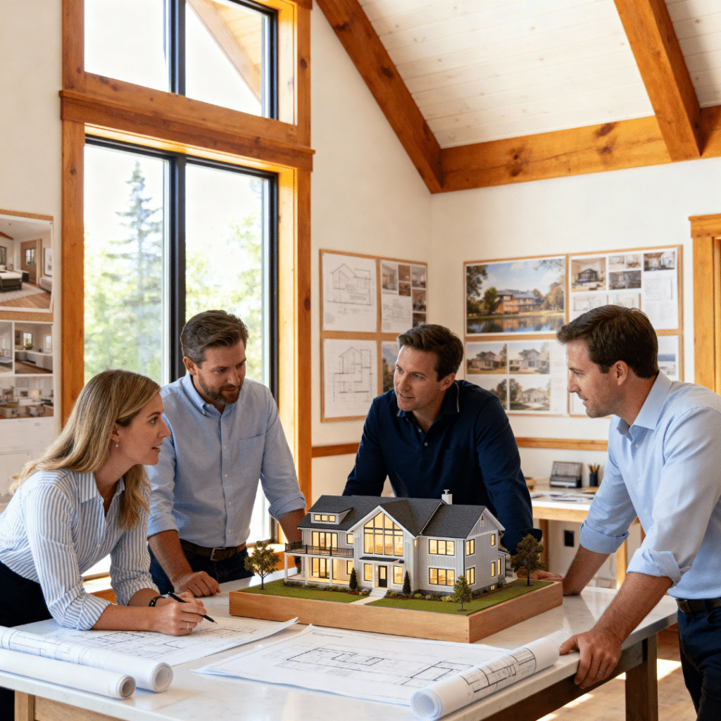 My Own Cottage design team reviewing prefab home building codes and plans at Aurora, Ontario studio