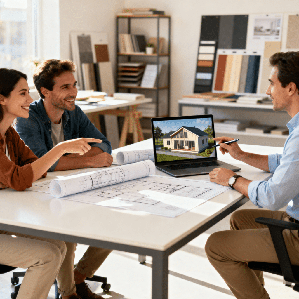 Home buyer meeting with prefab builder over blueprints and pricing plans in a modern design studio.