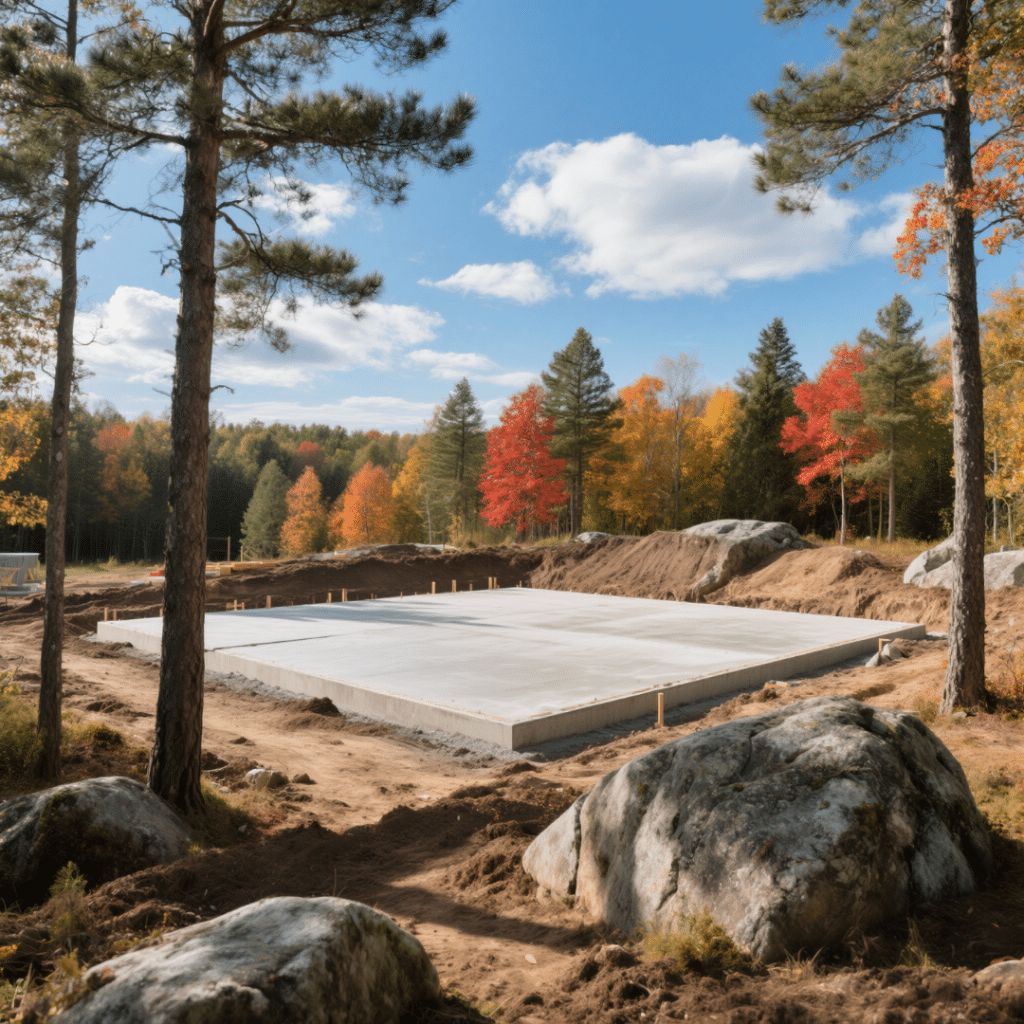 Prefab home construction site in Haliburton, Ontario with grading and concrete foundation work surrounded by pine trees and autumn foliage