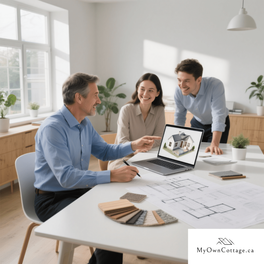 Couple meeting with a prefab home builder in Midland, Ontario, reviewing blueprints and 3D floor plans during the consultation and design stage.