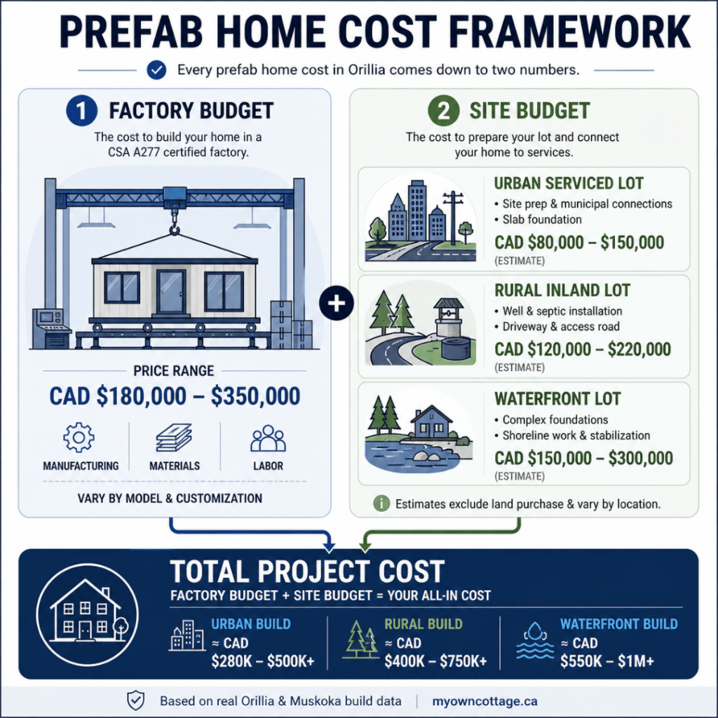 Prefab home cost framework Orillia Ontario showing factory budget vs site budget with urban, rural, and waterfront pricing breakdown