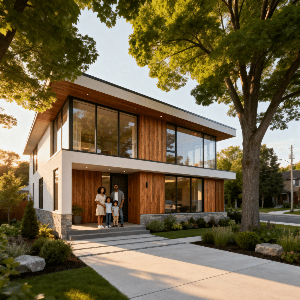 Modern affordable prefab home in Aurora, Ontario with cedar accents and large glass windows built by My Own Cottage