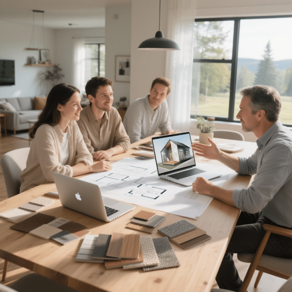 Couple collaborating with a home designer in Haliburton, reviewing prefab blueprints and 3D floor plans with material samples
