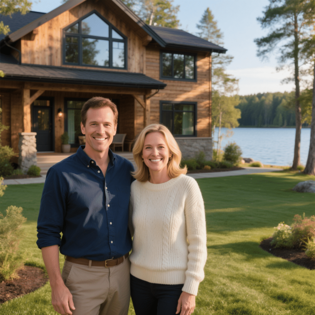 Smiling couple in front of a 950 sq ft prefab home on Eagle Lake in Haliburton, Ontario with rustic wood siding and large windows