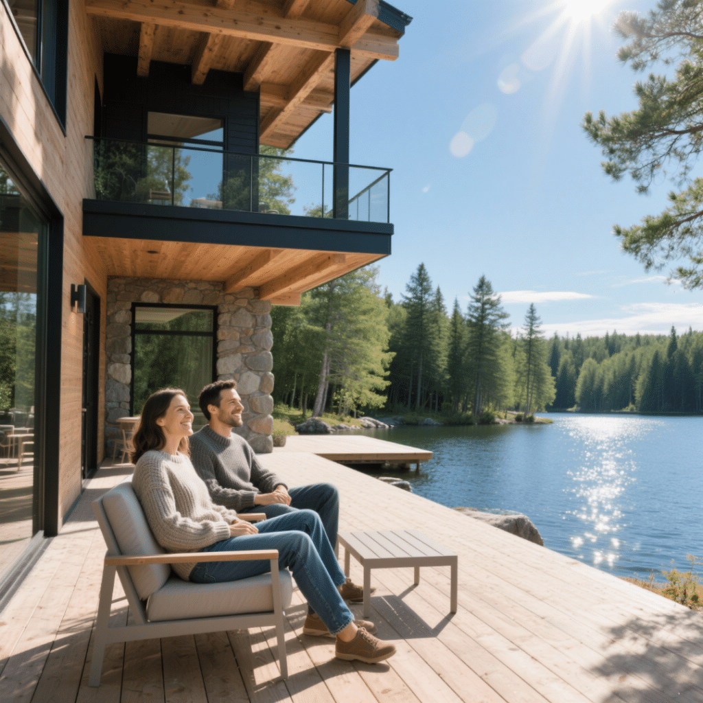Couple relaxing on the deck of a modern rustic prefab home by a lake in Haliburton, Ontario surrounded by lush forest