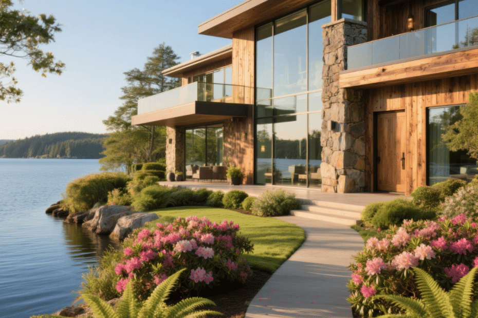 Luxury rustic prefab home on the waterfront in Haliburton, Ontario with sleek design and vibrant garden.