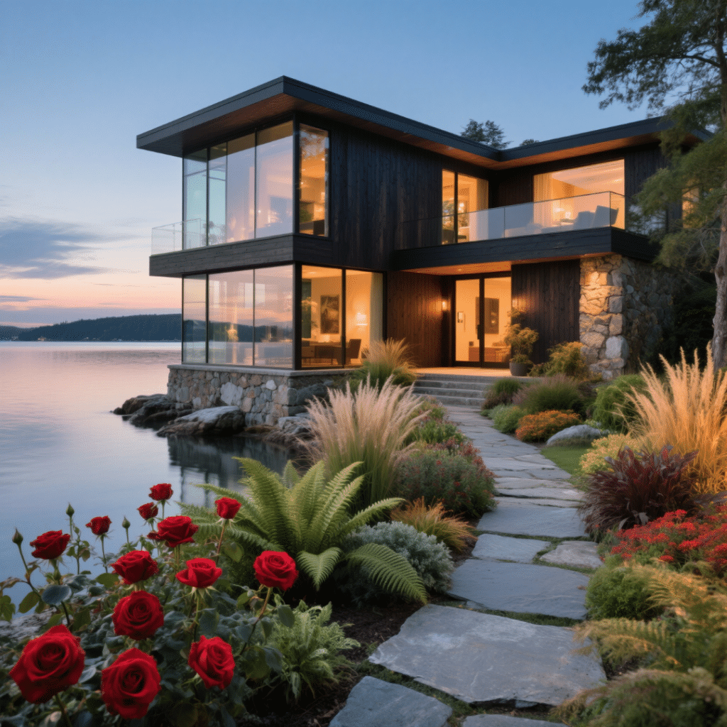 Prefab home in Midland, Ontario with rustic modern design, vibrant garden, and waterfront location.