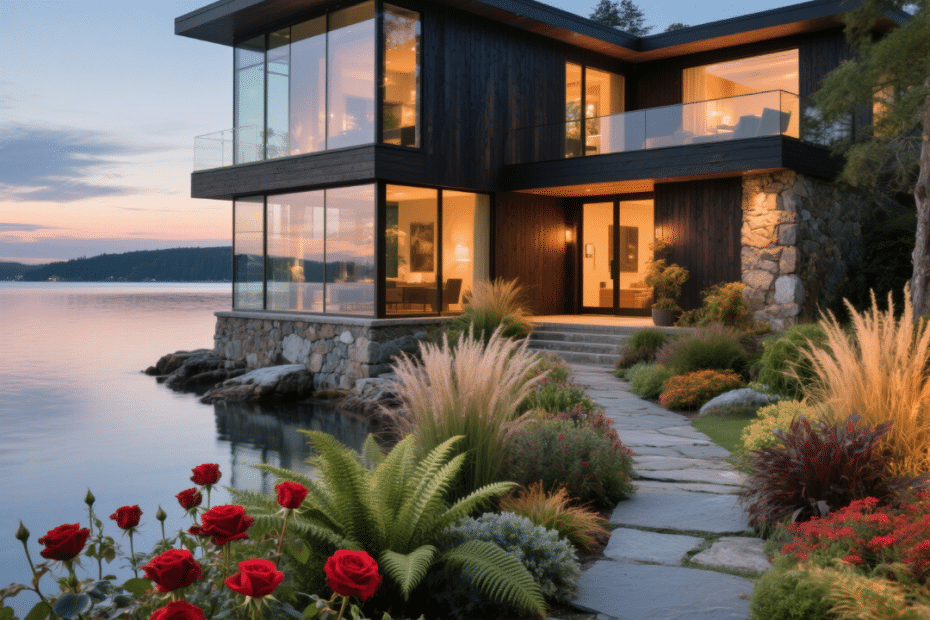 Prefab home in Midland, Ontario with rustic modern design, vibrant garden, and waterfront location.