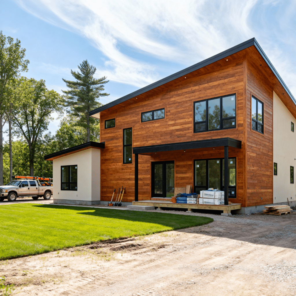 Modern luxury prefab home by My Own Cottage in Innisfil, Ontario — showcasing high-quality cedar siding, elegant architecture, and authentic craftsmanship at an affordable price.