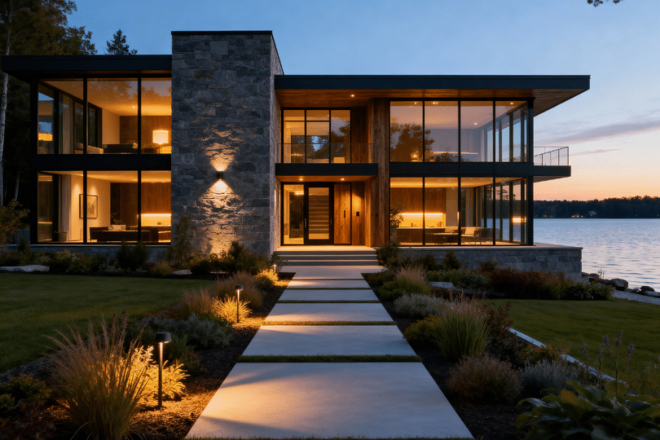 Luxury modern prefab home in Scugog, Ontario with waterfront view and landscaped garden