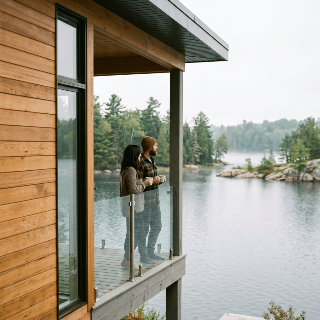 Prefab homes Gravenhurst lifestyle scene of couple enjoying morning coffee on covered deck of My Own Cottage modular home overlooking calm Lake Muskoka waterfront with granite shoreline and forested Gravenhurst shoreline in background