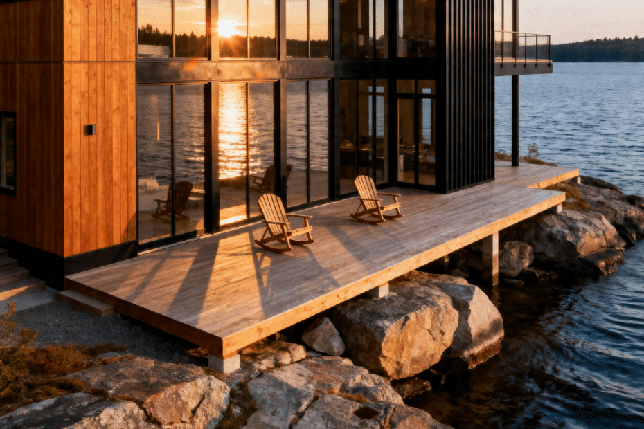Prefab homes Gravenhurst — completed My Own Cottage modern modular home on a Lake Muskoka waterfront lot with covered deck, Muskoka chairs, floor-to-ceiling windows, and Canadian Shield granite shoreline at golden hour