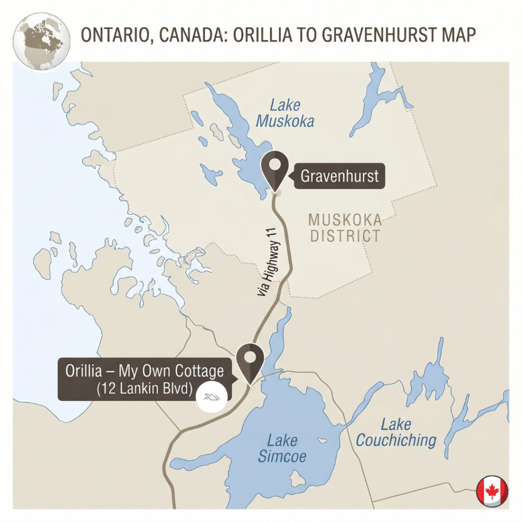 Prefab homes Gravenhurst My Own Cottage Orillia base 39.3 kilometers south of Gravenhurst via Highway 11 showing direct delivery corridor and closest CSA A277 certified prefab builder proximity to Town of Gravenhurst Ontario