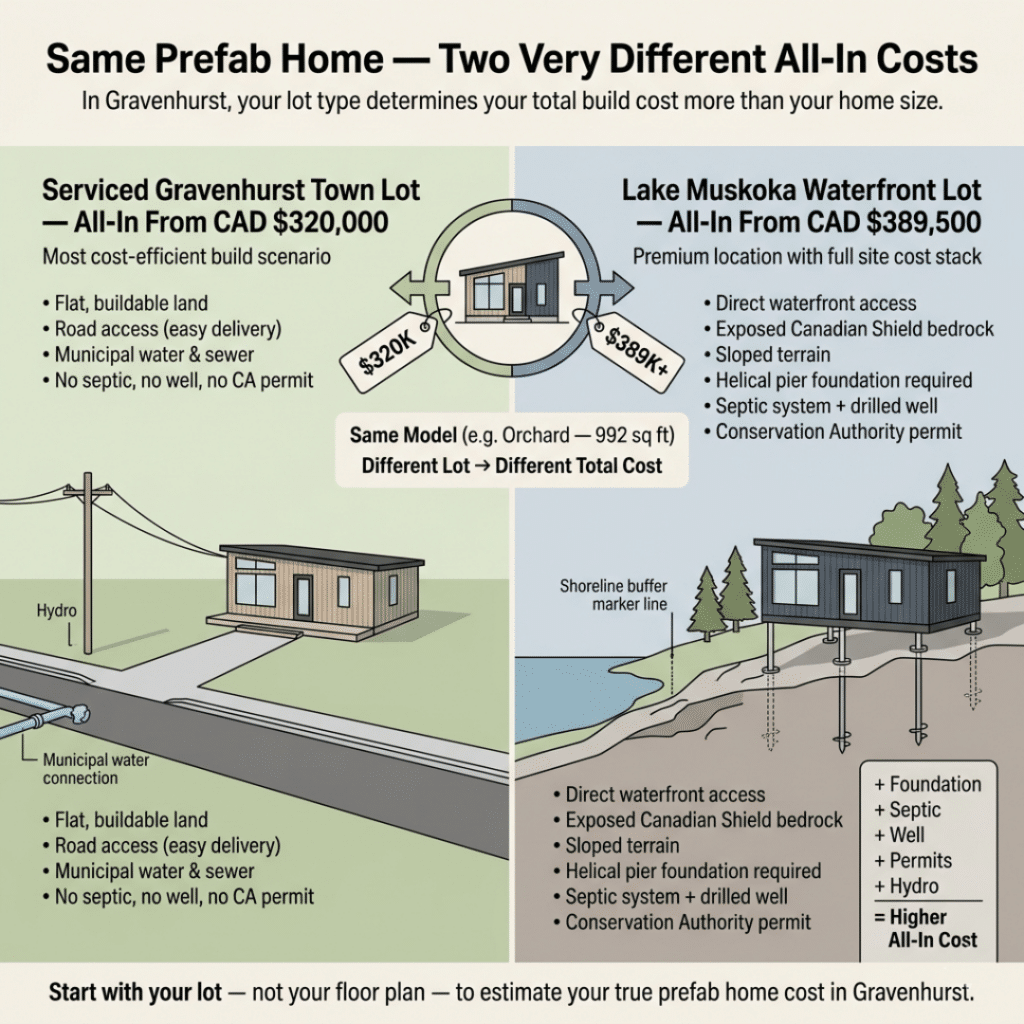 Prefab homes Gravenhurst infographic showing same home with different all-in costs based on lot type, comparing serviced town lot from CAD $320,000 versus Lake Muskoka waterfront lot from CAD $389,500 with site cost differences