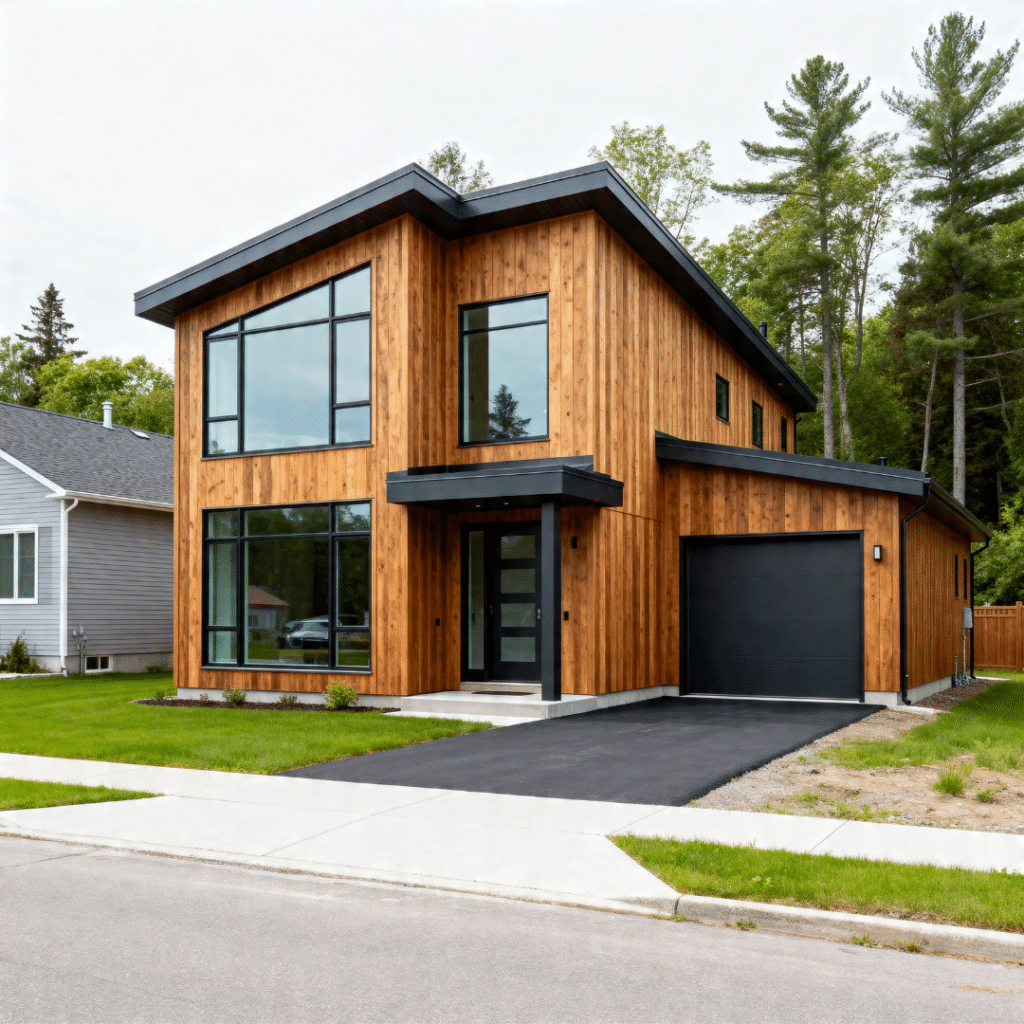 Prefab homes Gravenhurst town lot completed My Own Cottage compact modular home on serviced residential lot with road access showing realistic non-waterfront setting suitable for first-time buyers and downsizers in Ontario