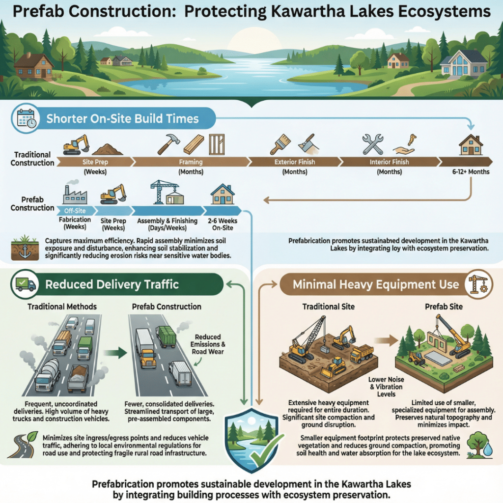 Environmental and site-impact advantages of prefab homes in Kawartha Lakes, showing reduced site disruption on rural and lake-adjacent properties