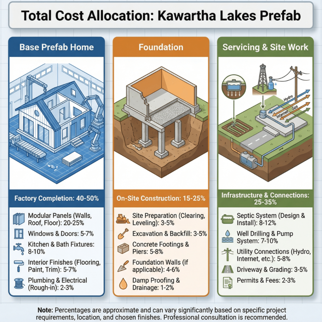 Prefab homes in Kawartha Lakes price breakdown showing base home costs, foundation work, and servicing or site preparation