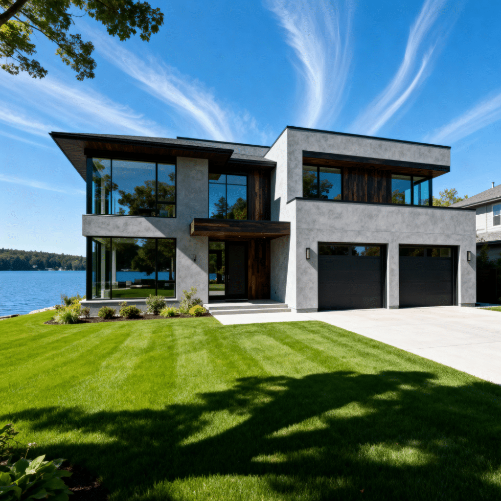 Prefab homes in Kawartha Lakes on a rural lakefront property, showing a modern prefab home with garage suited to cottage-country landscapes