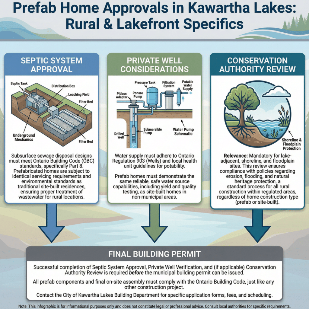 Prefab homes in Kawartha Lakes approvals showing septic systems, private wells, and conservation authority requirements for rural properties